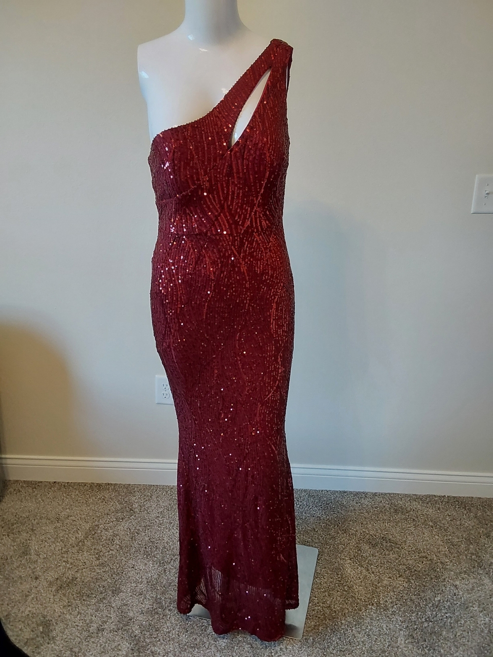 One-Shoulder Burgundy Sequin Gown